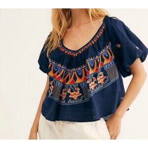 Free People Wind In Her Hair V Neck Flowy Blouse Short Puffy Sleeve Embroidered